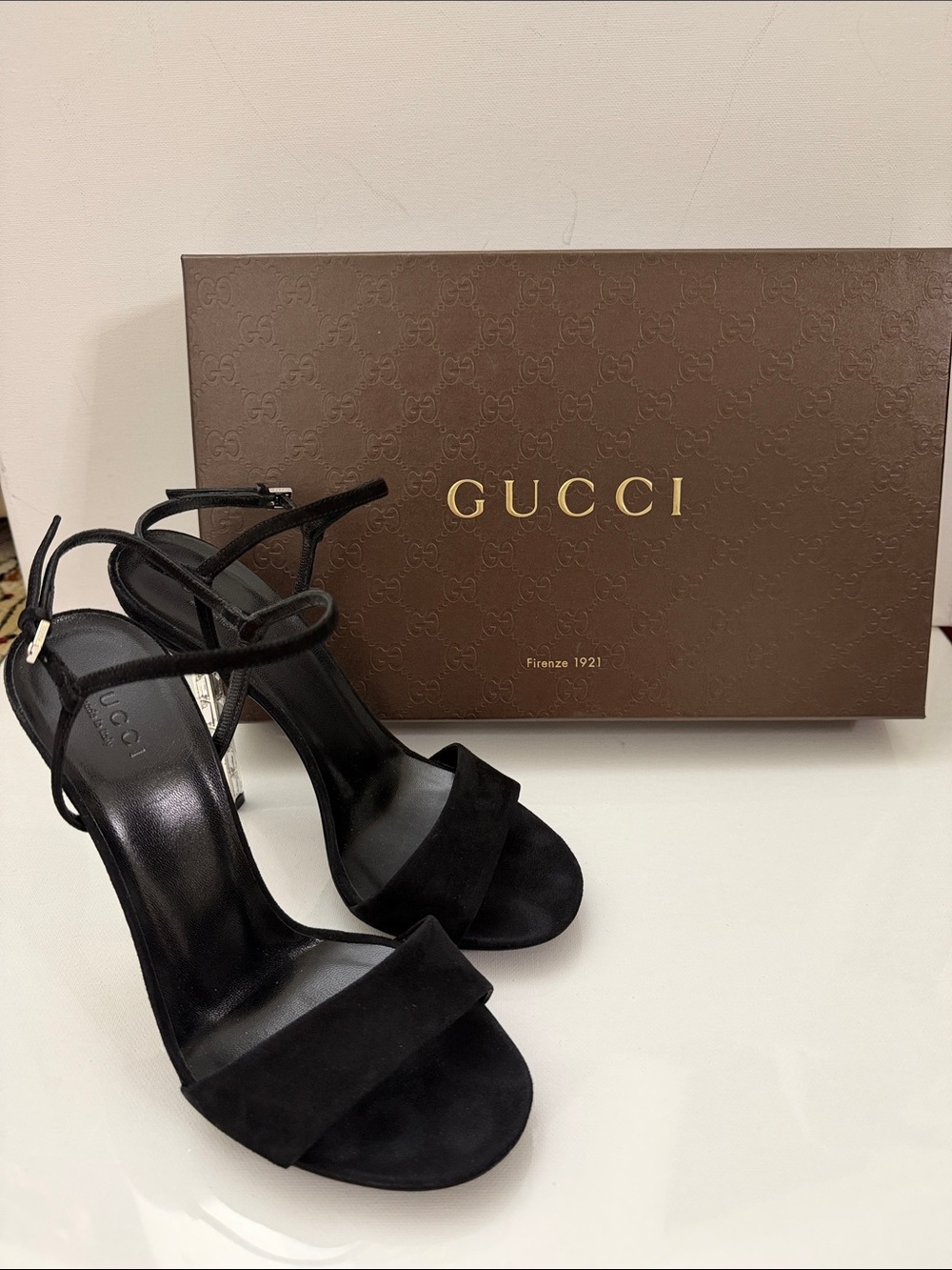 Rare Gucci Black Suede Kid Scamosciato Glass Heel Sandals